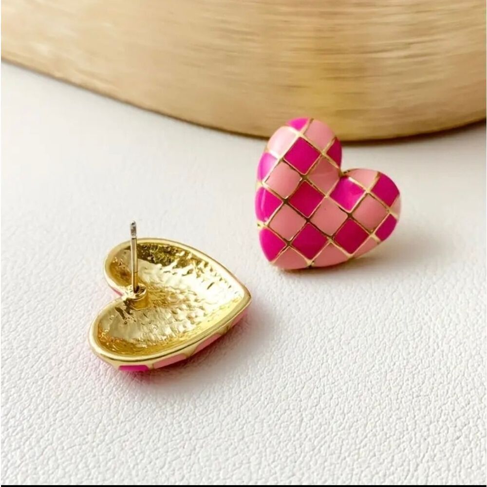Pink & Gold Checkered Heart Stud Earrings